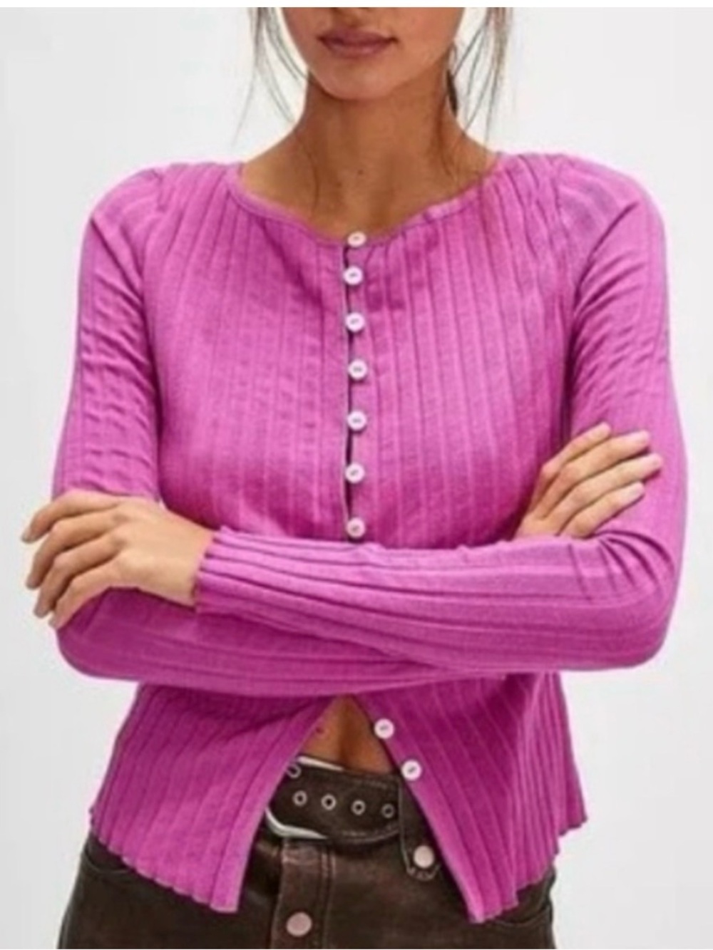 Free People Cotton Ribbed Knit Cardigan in Fuchsia Pink Size: XS|